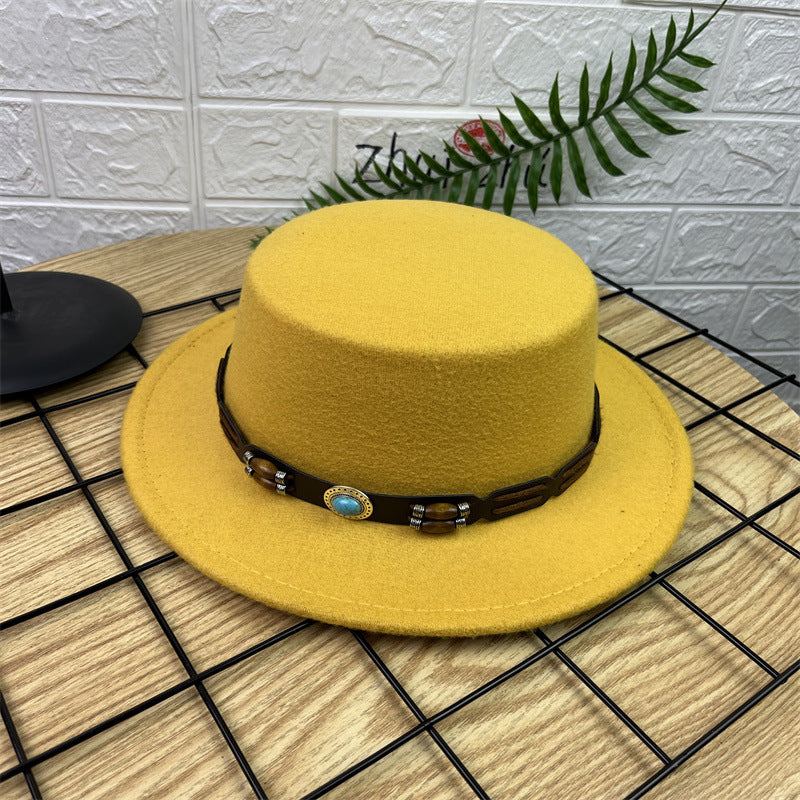 British Retro Woolen Wide Brim Flat Top Hat